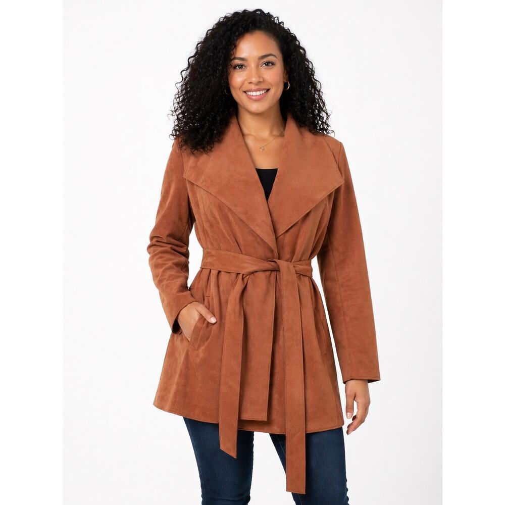 Magaschoni Faux Suede Wrap Coat Cognac Caramel Tie Waist Jacket Luxe Draped M